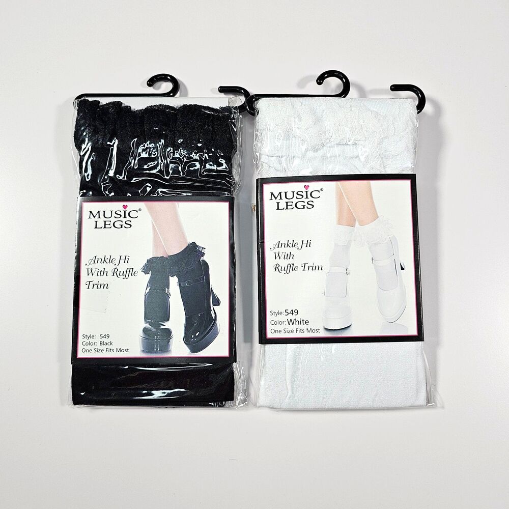 Lot of 2 Music Legs Ankle Socks with Ruffle Trim, Black & White, One Size